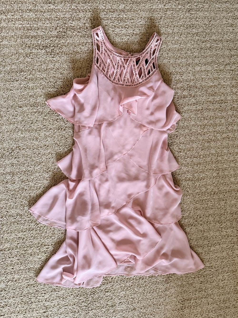 SL Fashions Blush Pink Ruffled Slip Dress with Crochet Yoke